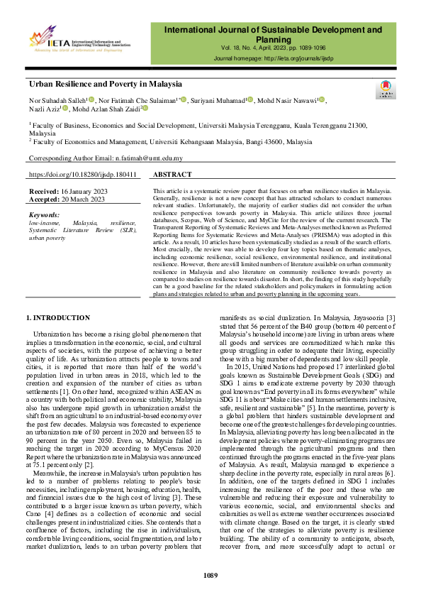 (PDF) Urban Resilience and Poverty in Malaysia