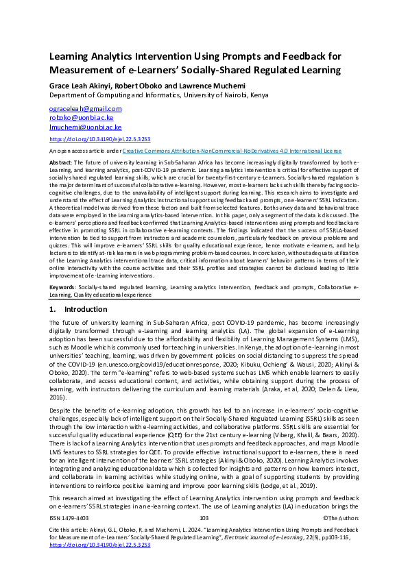 (PDF) Learning Analytics Intervention Using Prompts and Feedback for ...