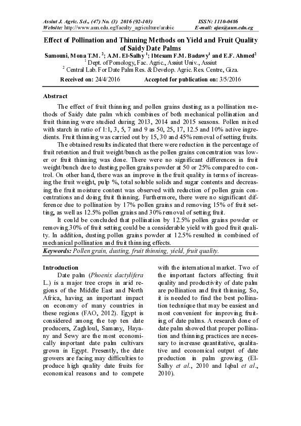 (PDF) Effect of Pollination and Thinning Methods on Yield and Fruit ...
