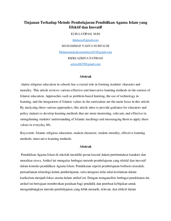 (PDF) Tinjauan Terhadap Metode Pembelajaran Pendidikan Agama Islam yang ...