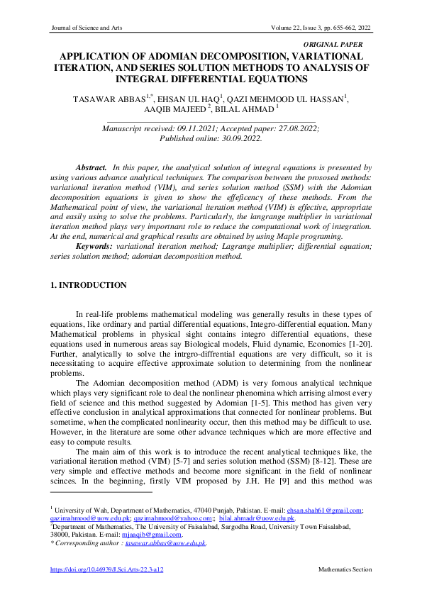 (PDF) Application of Adomian Decomposition, Variational Iteration, and ...