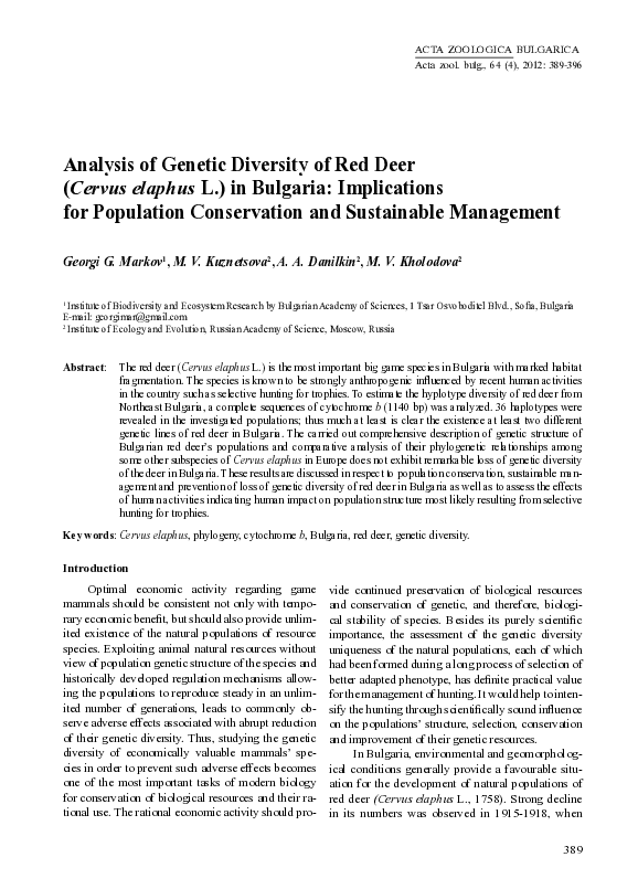 (PDF) Analysis of Genetic Diversity of Red Deer ( Cervus elaphus L ...