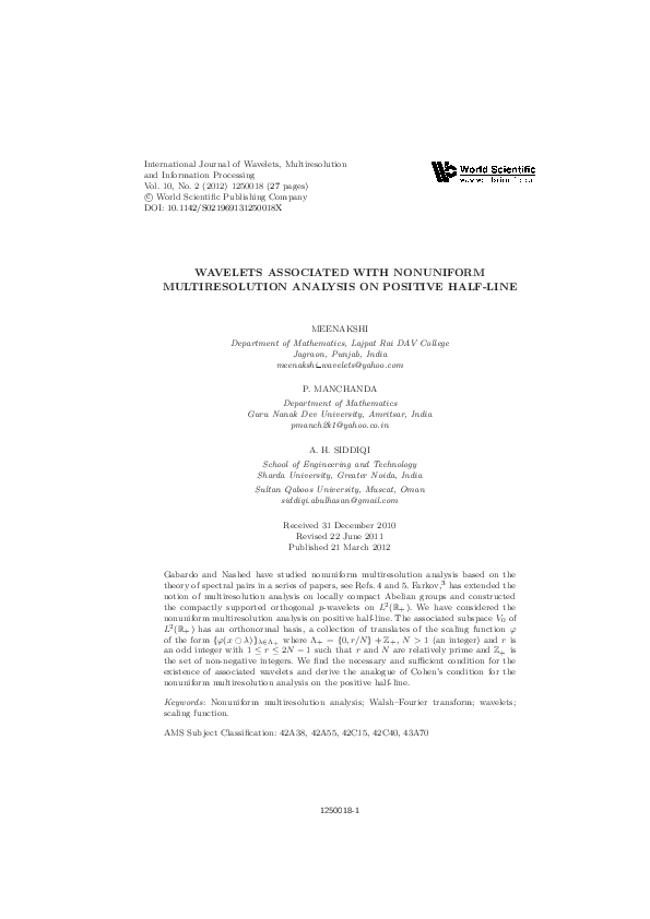 (PDF) Wavelets Associated with Nonuniform Multiresolution Analysis on ...