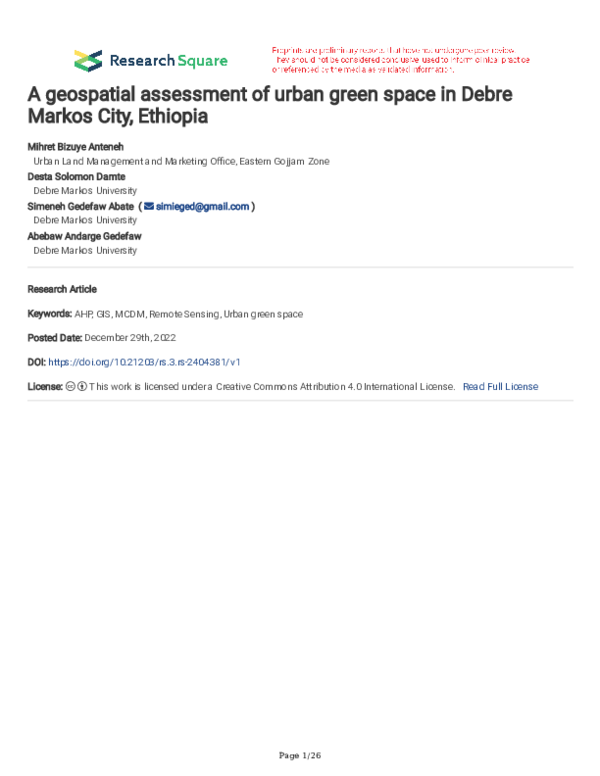 (PDF) A geospatial assessment of urban green space in Debre Markos City ...