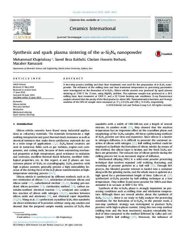 (PDF) Synthesis and spark plasma sintering of the α-Si3N4 nanopowder