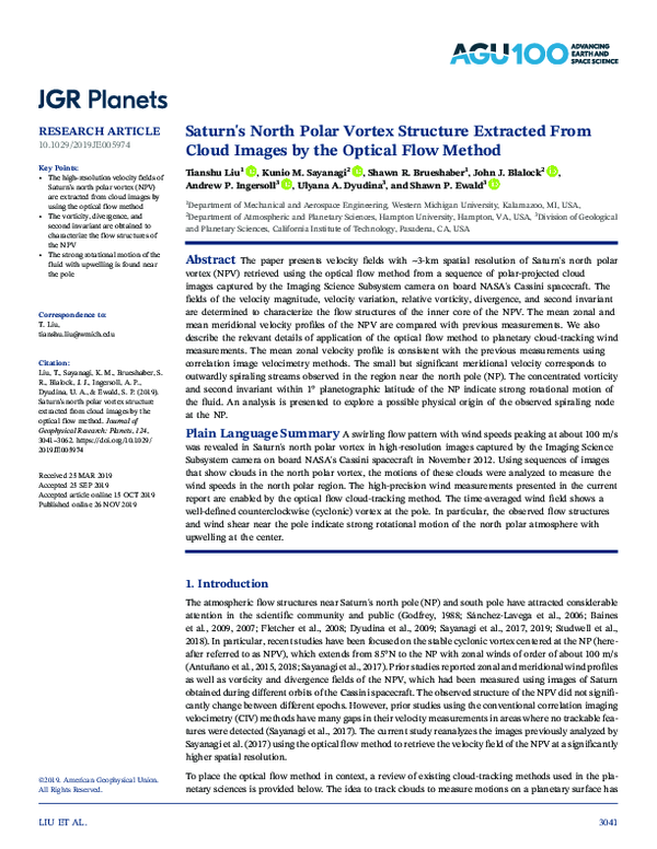 (PDF) Saturn's North Polar Vortex Structure Extracted From Cloud Images ...