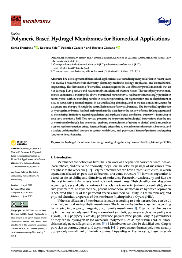 (PDF) Polymeric Based Hydrogel Membranes for Biomedical Applications