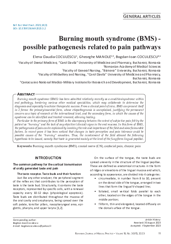 (PDF) Burning mouth syndrome (BMS) - possible pathogenesis related to ...