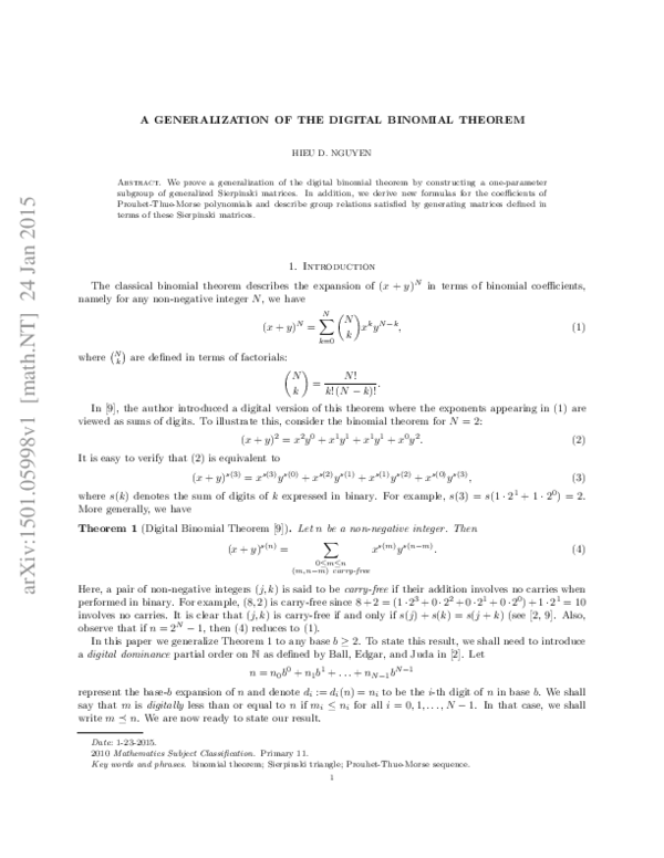 (PDF) A Generalization of the Digital Binomial Theorem