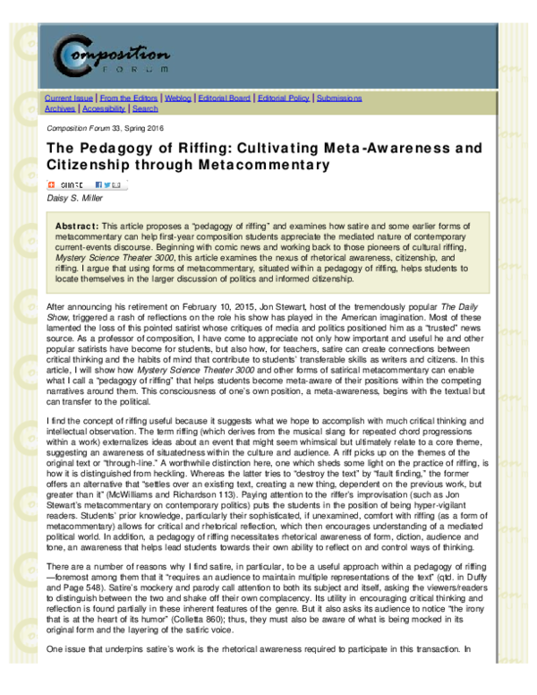 (PDF) The Pedagogy of Riffing: Cultivating Meta-Awareness and ...