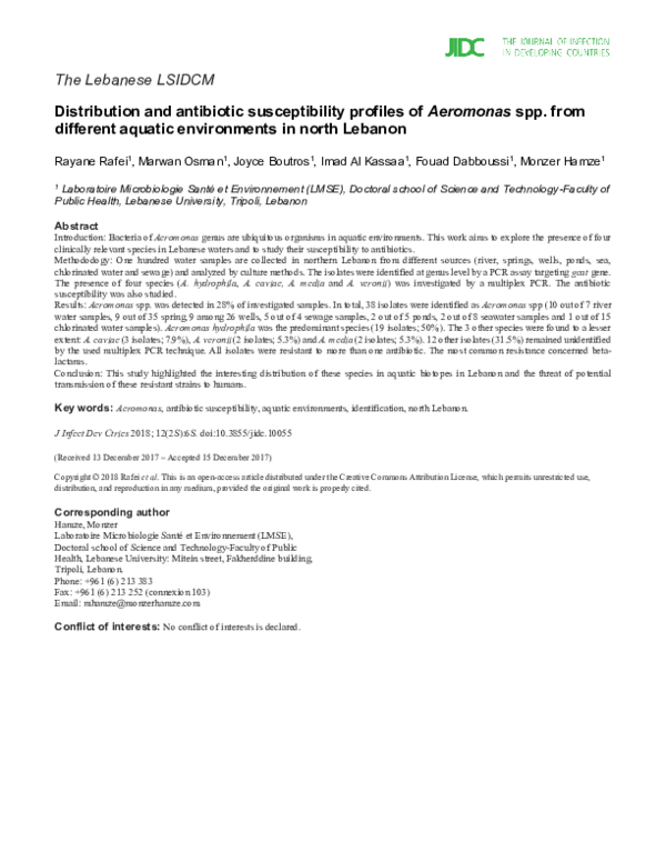 (PDF) Distribution and antibiotic susceptibility profiles of Aeromonas ...