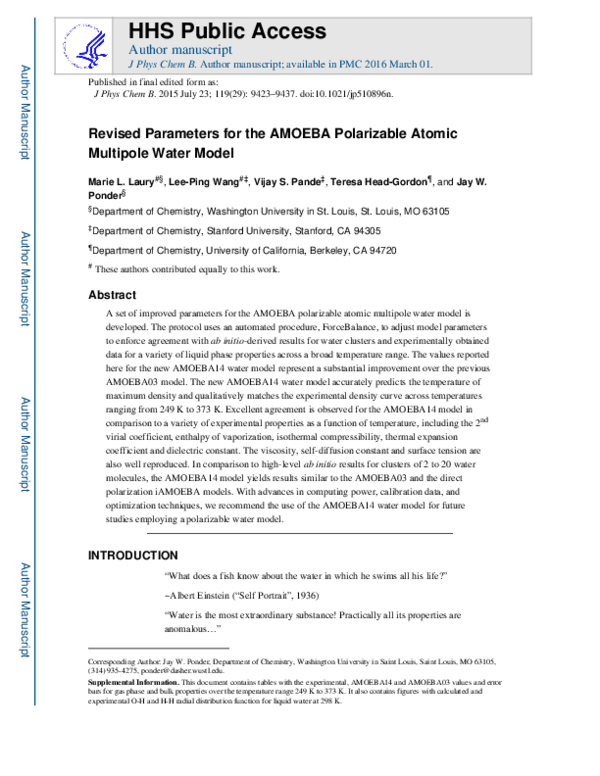 (PDF) Revised Parameters for the AMOEBA Polarizable Atomic Multipole ...