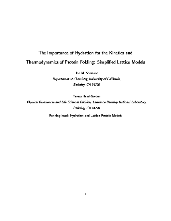 (PDF) The importance of hydration for the kinetics and thermodynamics ...