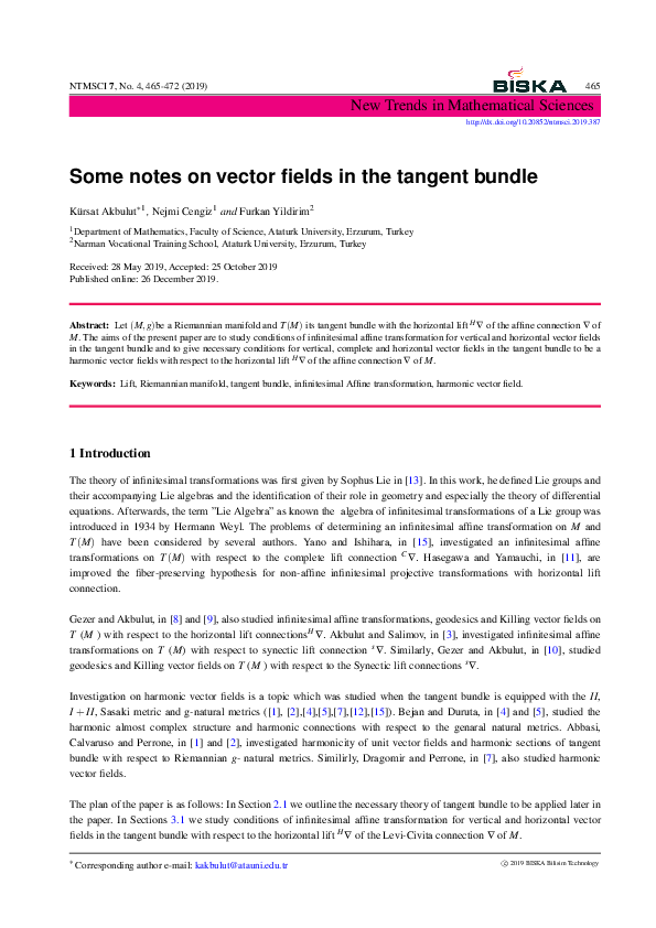 (PDF) Some notes on vector fields in the tangent bundle