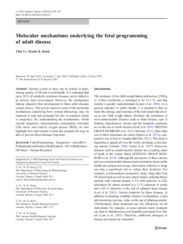 (PDF) Molecular mechanisms underlying the fetal programming of adult ...