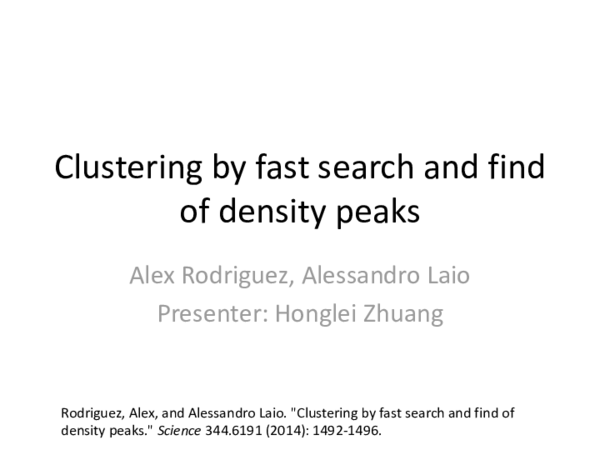 (PDF) Machine learning. Clustering by fast search and find of density peaks