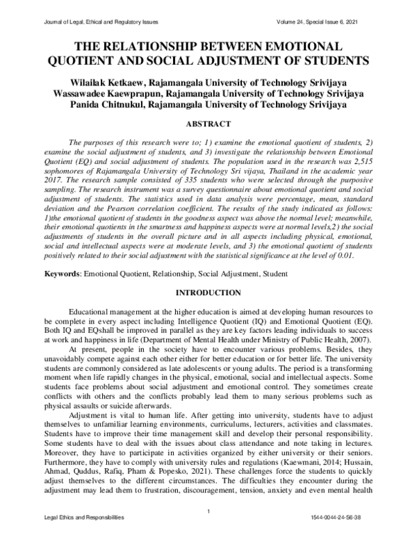 (PDF) The Relationship between Emotional Quotient and Social Adjustment ...