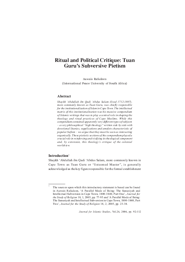 (PDF) Ritual and Political Critique: Tuan Guru's subversive pietism