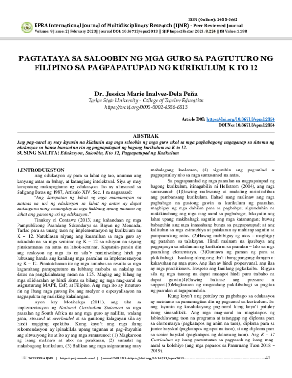 Pdf Pagtataya Sa Saloobin Ng Mga Guro Sa Pagtuturo Ng Filipino Sa