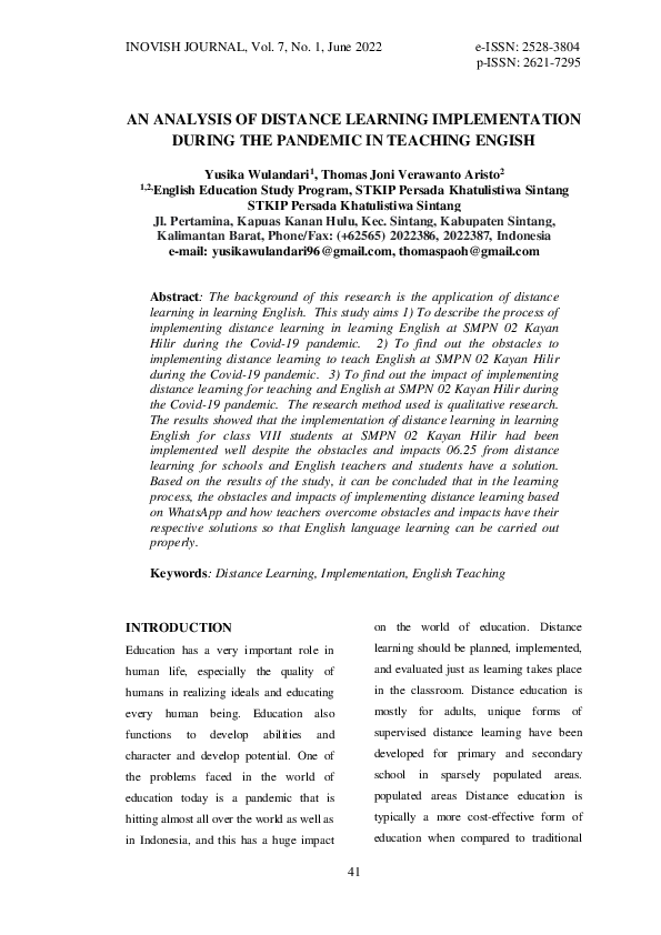 (PDF) An Analysis of Distance Learning Implementation During the ...