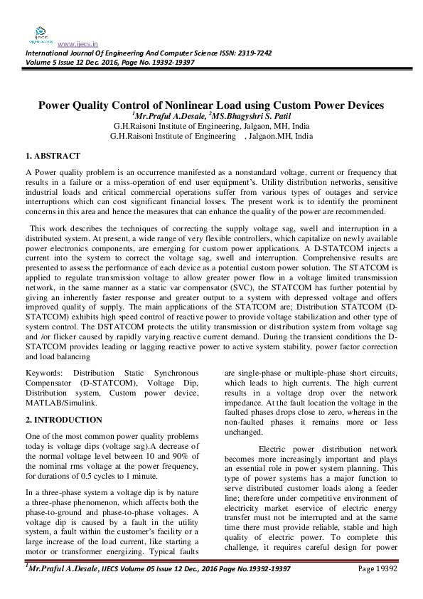 (PDF) Power Quality Control of Nonlinear Load using Custom Power ...