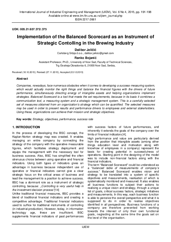 (PDF) Implementation of the Balanced Scorecard as an Instrument of ...