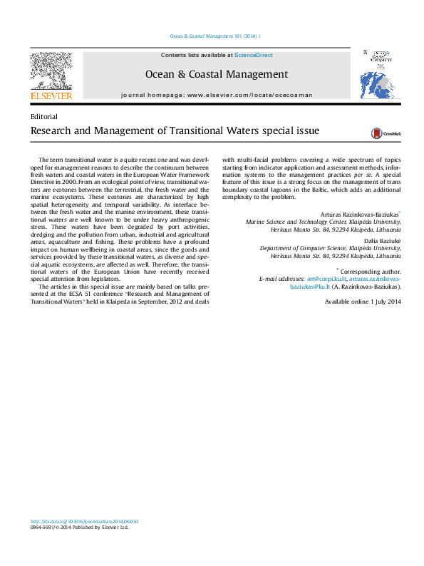 (PDF) Research and Management of Transitional Waters special issue