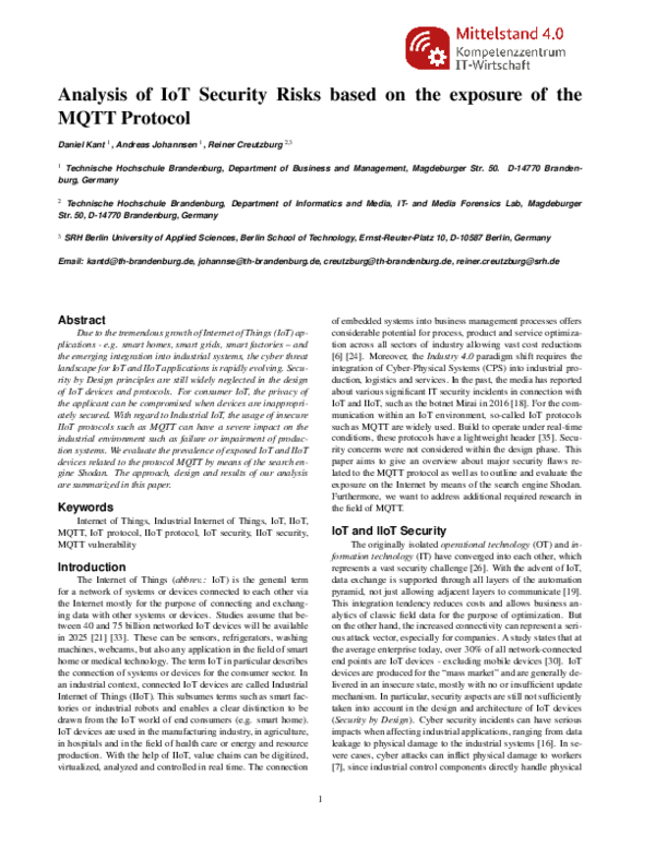 (PDF) Analysis of IoT Security Risks based on the exposure of the MQTT ...