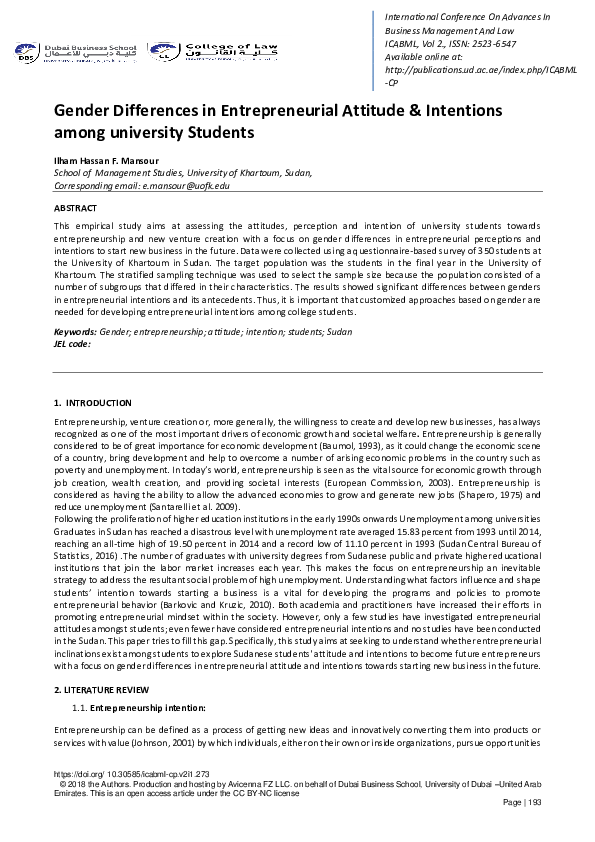 (PDF) Gender Differences in Entrepreneurial Attitude & Intentions among ...