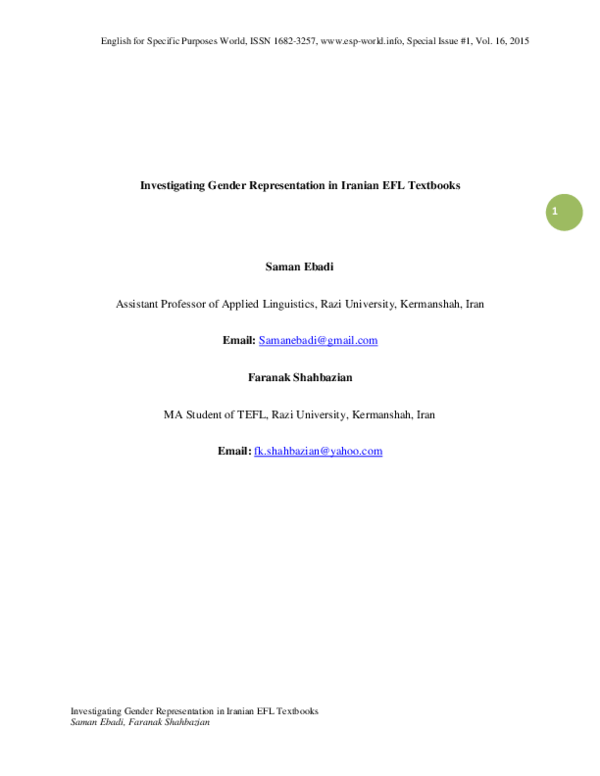 (PDF) Investigating Gender Representation in Iranian EFL Textbooks