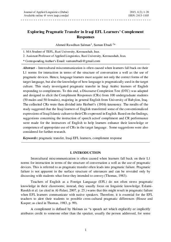 (PDF) Exploring Pragmatic Transfer in Iraqi EFL Learners' Complement ...