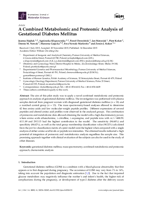(PDF) A Combined Metabolomic and Proteomic Analysis of Gestational ...