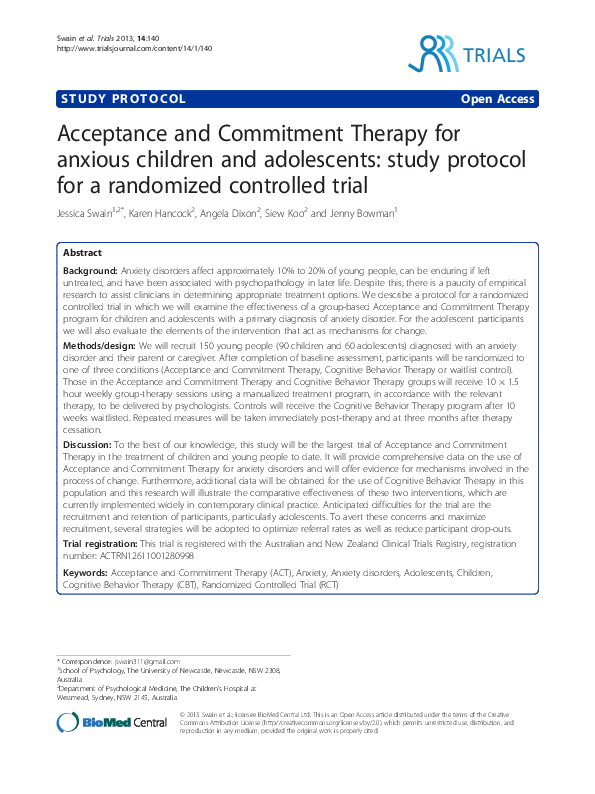 (PDF) Acceptance and Commitment Therapy for anxious children and ...