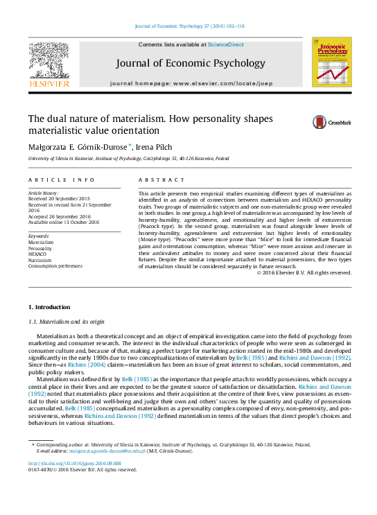 (PDF) The dual nature of materialism. How personality shapes ...