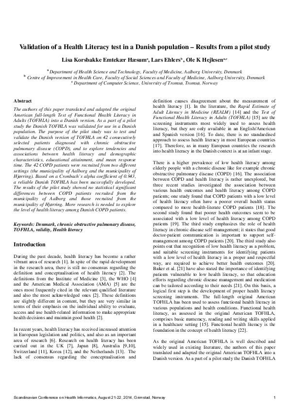 (PDF) Validation of a health literacy test in a Danish population