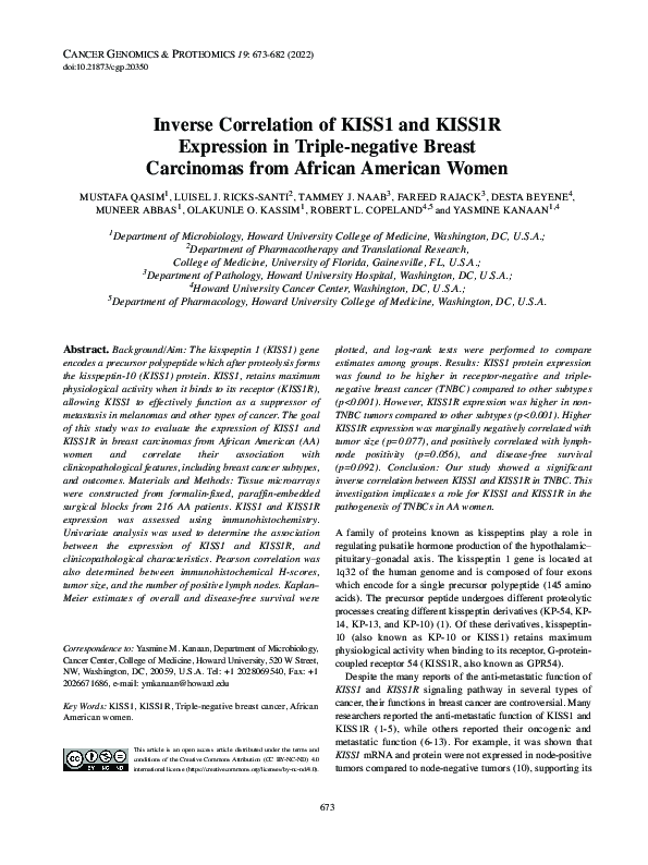 (PDF) Inverse Correlation of KISS1 and KISS1R Expression in Triple ...