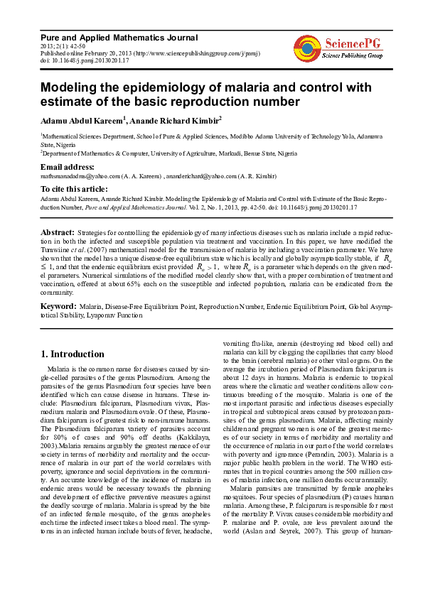 (PDF) Modeling the Epidemiology of Malaria and Control with Estimate of ...