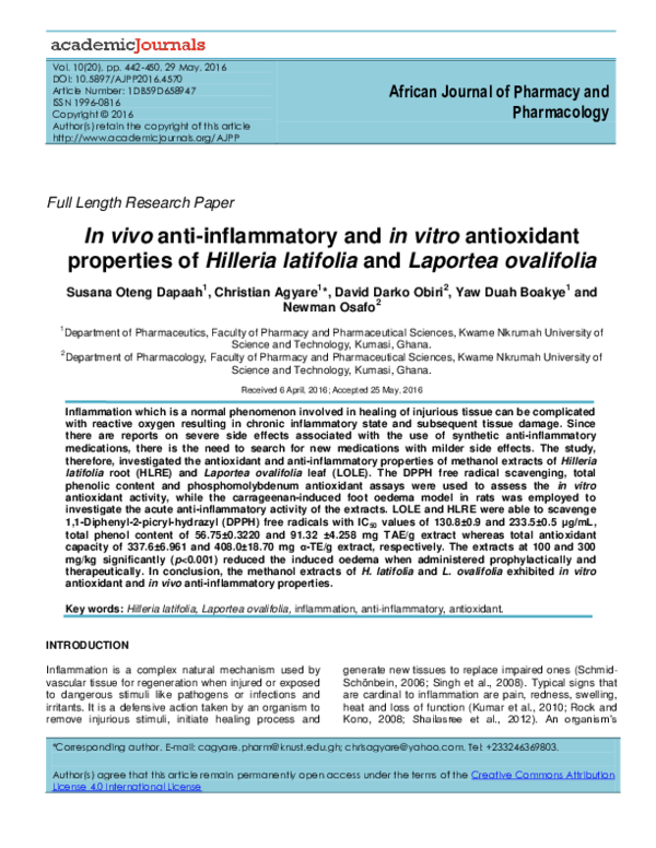 (PDF) In Vivo Anti-Inflammatory and in Vitro Antioxidant Activities of ...