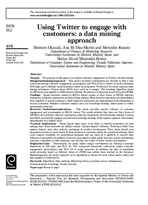 (PDF) Using Twitter to engage with customers: a data mining approach