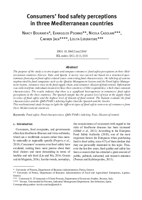 (PDF) Consumers' Food Safety Perceptions in Three Mediterranean Countries