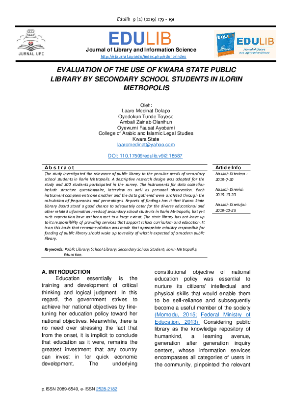 (PDF) Evaluation of the Use of Kwara State Public Library by Secondary ...