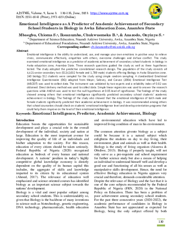 (PDF) Emotional Intelligence as A Predictor of Academic Achievement of ...