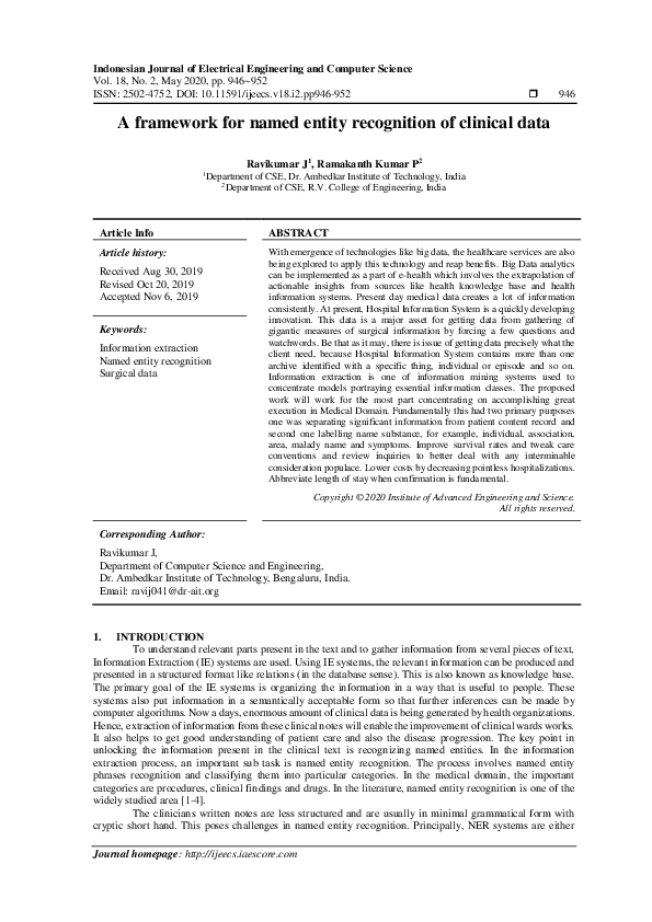 (PDF) A framework for named entity recognition of clinical data