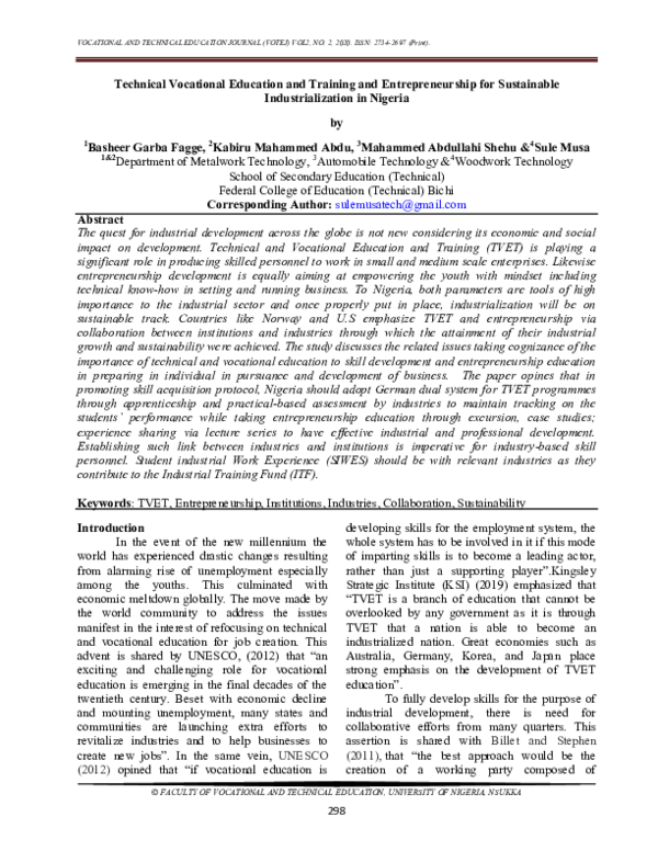 (PDF) Technical Vocational Education and Training and Entrepreneurship ...
