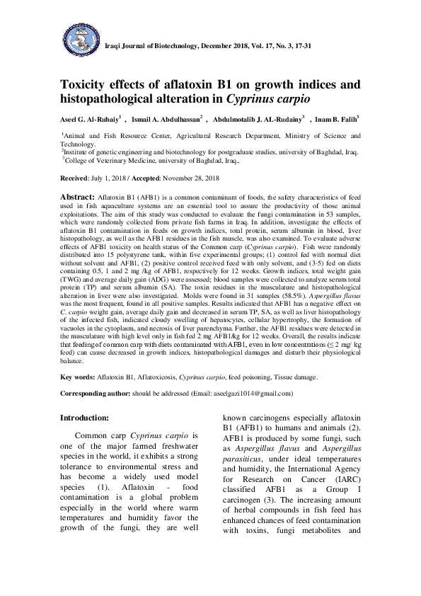 (PDF) Toxicity effects of aflatoxin B1 on growth indices and ...