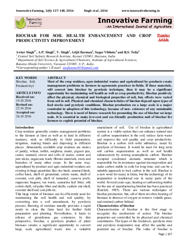 (PDF) Biochar for Soil Health Enhancement and Crop Productivity Improvement