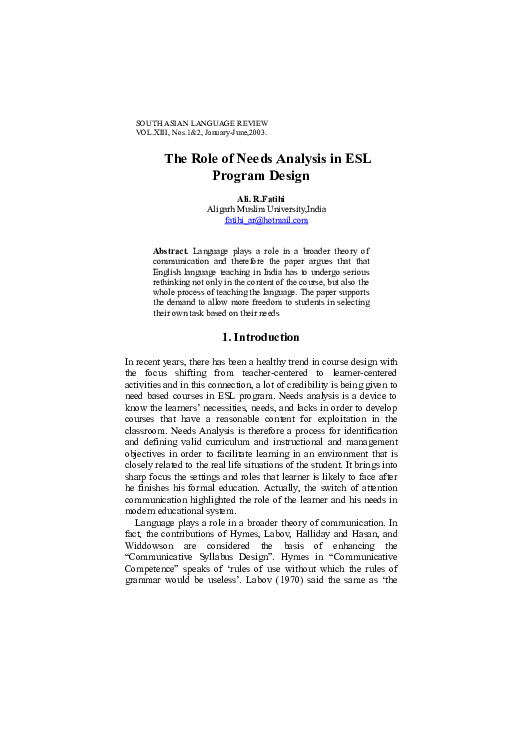 (PDF) The role of needs analysis in ESL program design