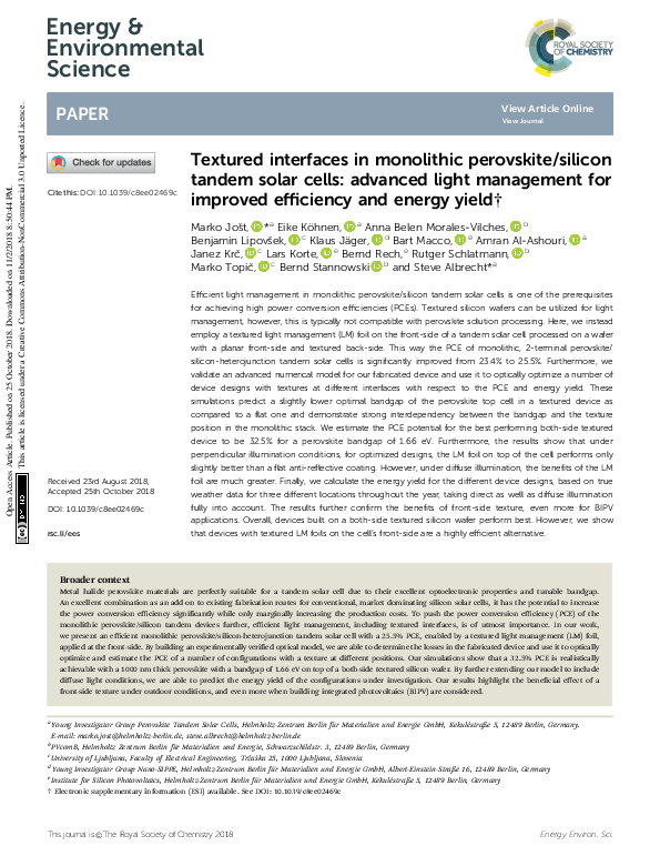 (PDF) Textured interfaces in monolithic perovskite/silicon tandem solar ...