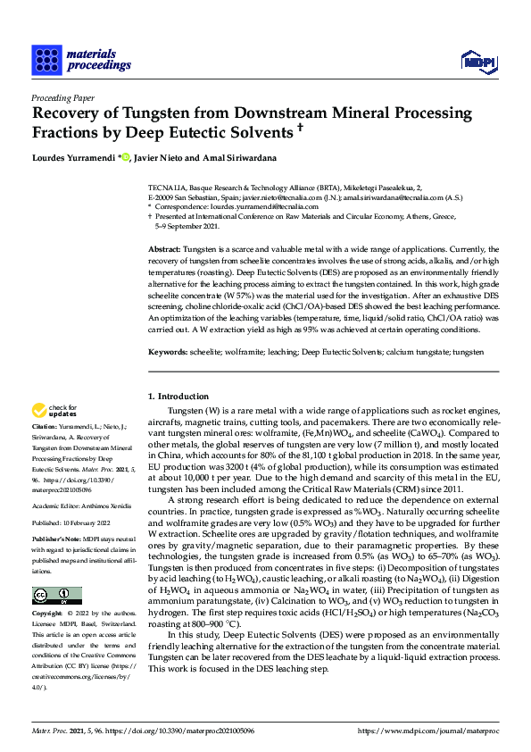 (PDF) Recovery of Tungsten from Downstream Mineral Processing Fractions ...