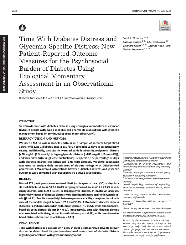 (PDF) Time With Diabetes Distress and Glycemia-Specific Distress: New ...